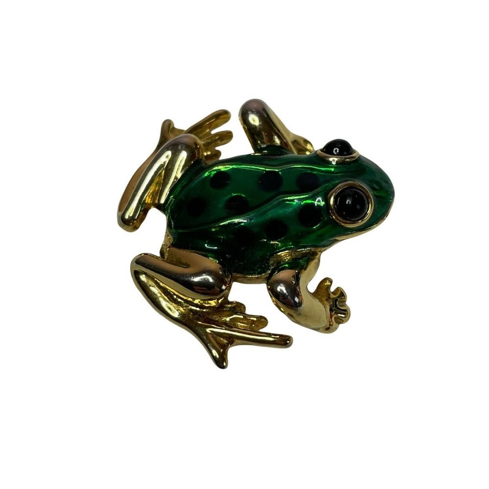 Vtg Green Black Enamel Gold Tone Frog Brooch Pin Scarf Spotted 1.75x1.5”